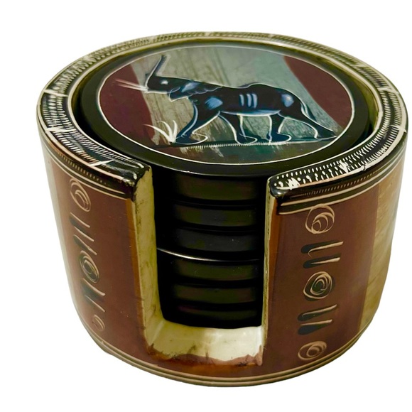 Hand-Painted African Safari Coaster Set with Holder – 7 Pc Animal Decor - Picture 3 of 11